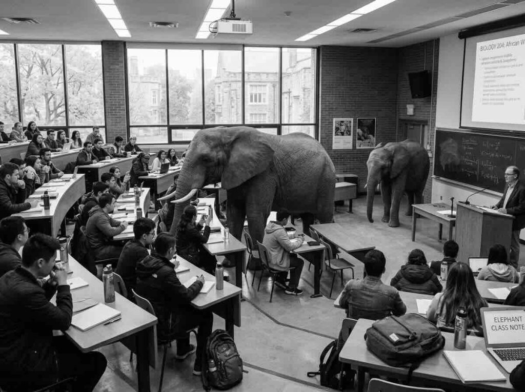 Si darse cuenta nadie los elefantes se pasean por los salones de clase
